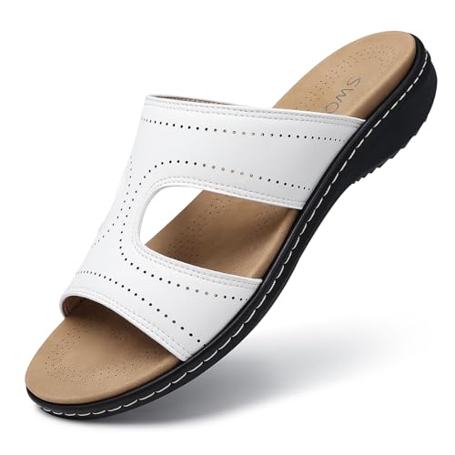 SWQZVT Flat Slides Sandals for Women: Comfortable White Size 9 Arch Support Sandal - Slip On Summer Walking Sandals