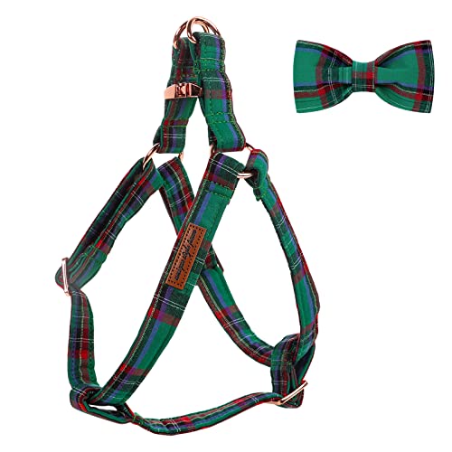 Unique style paws Green Plaid Dog Harness Adjustable Harnesses Durable Hardware with Bowtie for Small Medium Large Dog-Christmas Style-L