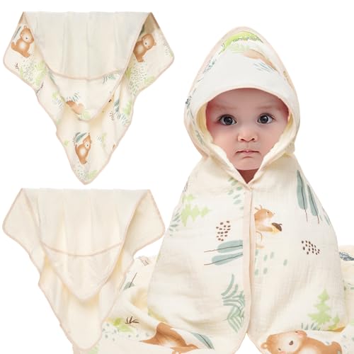 Image of Hushlibaby Muslin Hooded Baby Towels for Newborn 2 Pack 31.5 x 31.5 Inch Ultra-Soft Absorbent 100% Cotton Baby Bath Towel with Hood, for Infant Toddler and Kids, Baby Stuff Bath Shower Gifts