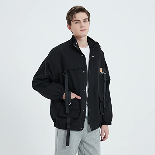 Image of GURUNVANI Men's Techwear Jacket with D-ring Straps | unisex, multi pockets, cyberpunk style, streetwear, webbing straps, full zip up closure, windproof outerwear for men