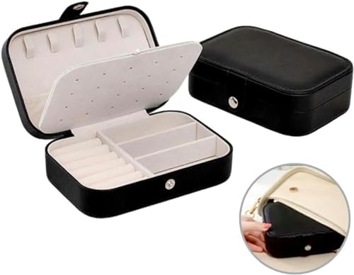 Amarme - Porta Joias Portátil Encanto em Couro com Botão Organizador Premium para Anéis, Brincos, Colares e Bijuterias Estojo Compacto para Viagens e Uso Diário com Design Sofisticado (Preto)