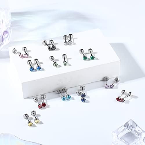 MILACOLATO 12 Pairs 18G Hypoallergenic Earrings Stainless Steel for Women Men Cartilage Helix Earrings Set Round Cubic Zirconia Earrings Screwback Flat Ball Back Stud Ear Piercing