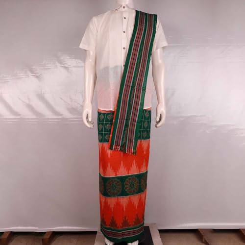 Image of Authentic Sambalpuri Handloom Cotton Unstitched Dhoti with Utari for Men | Traditional Odisha Weave Ikat Dhoti for Festive & Religious Wear