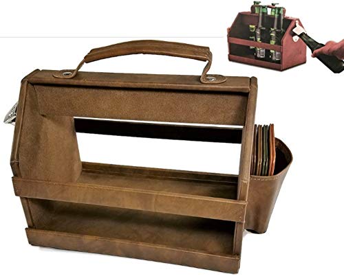 Leather Look Bottle Caddy Carrier w/ Bottle Opener and Removable Coasters. Drink Holder