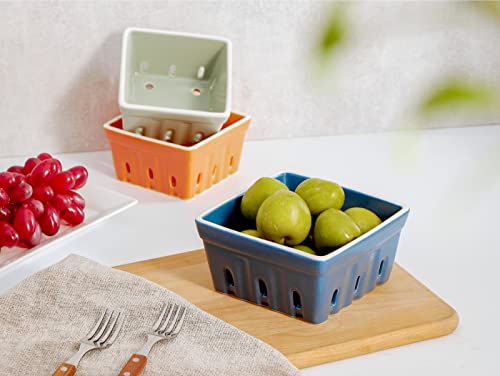 Onemore Ceramic Berry Basket, Square Fruit Bowls, Rustic Stoneware Berry Colander Set Of 2, Orange & Blue #TOP2