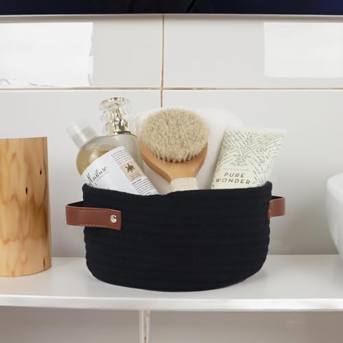 Image of Small Woven Basket, Cute Mini Cotton Rope Storage Basket with leather handle, Tiny Decorative Round Storage Bin, Boho Empty Gift Baskets for Organizing, Toy Organizer for Nursery (Black)