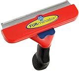 Die deShedding-Edelstahlkante dringt tief in das kurze Deckfell des Hundes ein und entfernt schonend Unterwolle und lose Haare