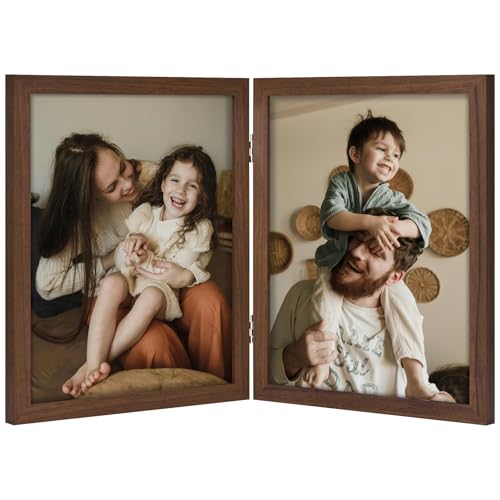 decorUhome Double 8x10 Picture Frame Vertical, Engineered Wood Bifold Photo Frame with Plexiglass for Tabletop Display, 8x10, Brown