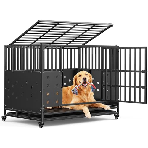 121 x 78 x 93 cm Hundekäfig hochbelastbar für große Hunde, Bissfeste Paneele, Einstellbare Innenhöhe, Hundebox mit 4 Arretierbare Rollen, Verbreiterter Komfortboden, Extra Breite Tür, Hausti