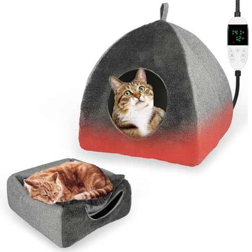 GINDOOR Heated Cat Bed Cave, Adjustable Temperature Heated Pet Bed Indoor with Timer, Cat Cave Bed Cat House with Washable Cushioned Pillow and Chew Resistant Cord Update for Indoor