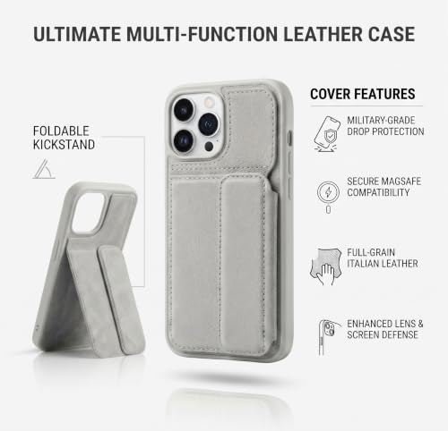 Image of amazon basics Luxury Vegan Leather Back Cover for iPhone 14 Pro Max | Built-in Card Holder Slot | Integrated Mobile Stand | Slim Shockproof Protective Case with Stitched Finish - Gray