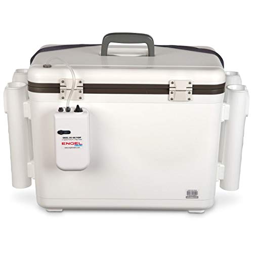 Image of Engel 30qt Live Bait Cooler Box with 2nd Gen 2-Speed Portable Aerator Pump and 4 x Fishing Rod Holder Attachments. Fishing Bait Station and Minnow Bucket in LBC30-RH in White