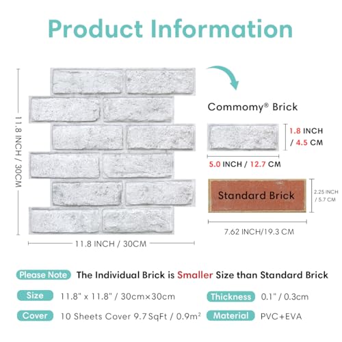 Commomy 3D Wandpaneele Selbstklebend, 10 Stück, 30 × 30 cm, Wandverkleidung Steinoptik, Wasserdicht, Hochwertig PVC Selbstklebende Wandpaneele Backstein für Inner Wanddekoration