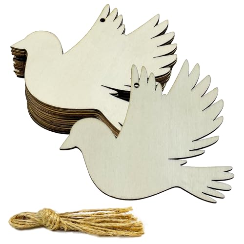 20Pcs Dove Wood Cutouts With Hemp Ropes - DIY Craft Ornaments For Wedding, Christmas Decor