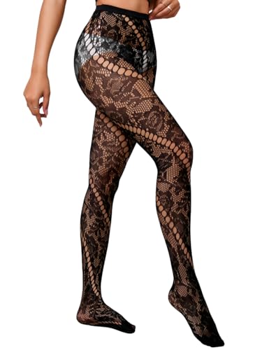 ShawGobow Patterned Tights,Floral Fishnet Stockings For Women,Goth Outfits Rave Festival Halloween Black
