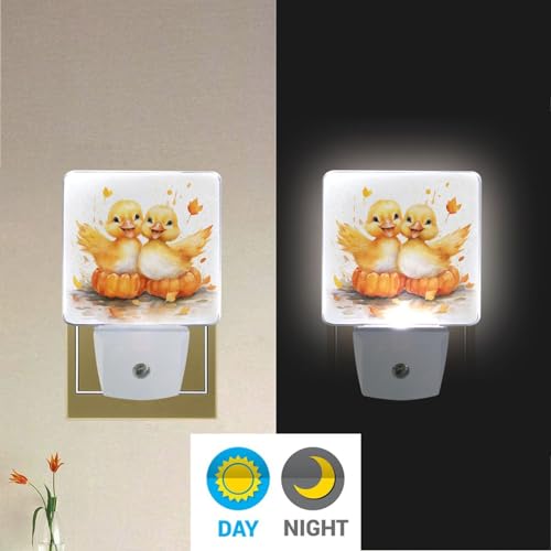 Image of Cute Ducks Pumpkins Night Lights 2 Pack Plug-in Wall Led Nightlight Auto Dusk-to-Dawn Sensor Lamps for Bedroom Kitchen Bathroom