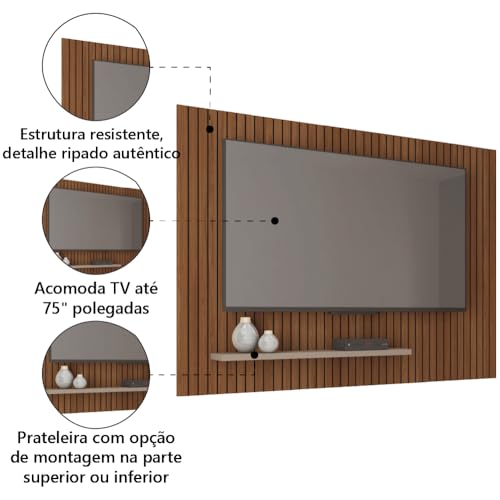 Painel para TV até 75 Polegadas 1,80m Ripado com Prateleira França Fendi/Havana Caemmum