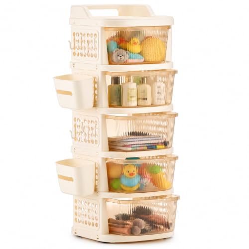 Image of Homeor 5 Tier Plastic Storage Drawer Cabinet with Wheels, Modular Chest of Drawers Organizer with Side Basket & Handle, Storage Trolley Rack for Home, Kitchen, Bedroom, Kids Room (Ivory Transparent)