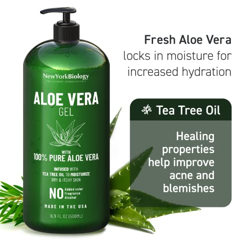 New York Biology Aloe Vera Gel For Face, Skin And Hair - Infused With Tea Tree Oil – From Fresh Aloe Vera Plant – Moisturizing Aloe Vera For Sunburn Relief And Dry Skin - 16.9 Oz #TOP6