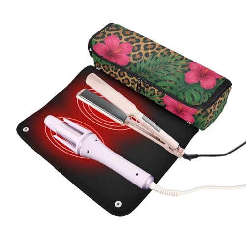 Organizador de Herramientas para Cabello 2 en 1 con Tapete para Plancha, Gran Capacidad para Plancha y Accesorios de Cuidado Capilar, con Estampado Tropical de Leopardo, Portátil para Viaje miniatura 2
