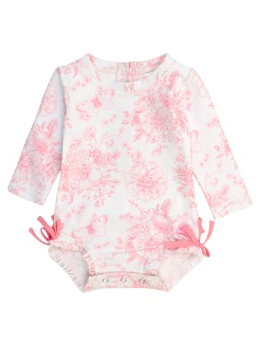 RuffleButts Baby Girls UPF 50+ Sun Protection Floral Printed Long Sleeve One Piece Rash Guard Swimsuit with Zipper - Bubblegum Pink Butterfly Garden Toile, 6-12m