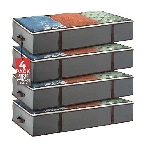 Underbed Storage Bags 4-Pack – Foldable Under Bed Storage Organizer for Clothes, Bedroom Blankets, Comforter, Pillows, Linen Sheets, Towels, Sweaters, Shoe Drawers – Ideal for College Dorms (Grey)