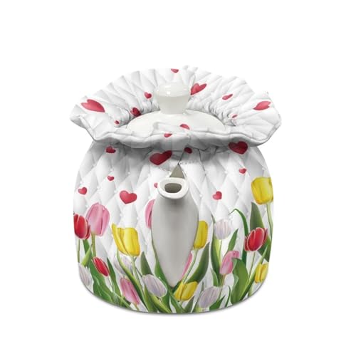 Image of Floral Tea Cozy for Teapot Small Tea Cosies Tulip Flower Design, Kitchen Tea Kettle Dust Cover Cloth Cover for Breakfast Pot Coffee Pot Protector Tabletop Decorations