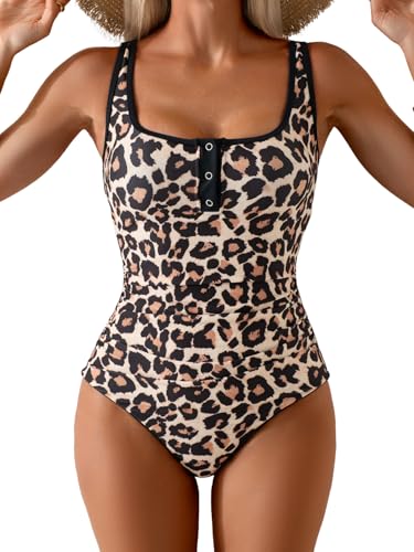 Image of B2prity One Piece Swimsuit for Women Tummy Control Ruched Slimming Bathing Suit Button Full Coverage Swimwear