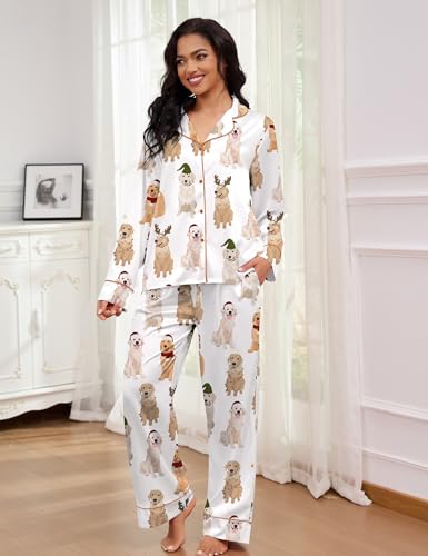 Image of SHESHOW Satin Pajamas Set for Women Set Long Sleeve Button Down Pjs Sets 2 Piece Loungewear Animal Sleepwear XS-XXL