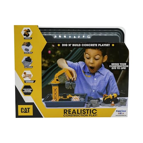Image of CAT Dig N Build Concrete Playset 12-oz Moldable Concrete Compound, Crane, 2 Little Machines Vehicles, Construction Molds & Easy-Cleanup Tray, Sensory STEM Kit for Kids Ages 3 +