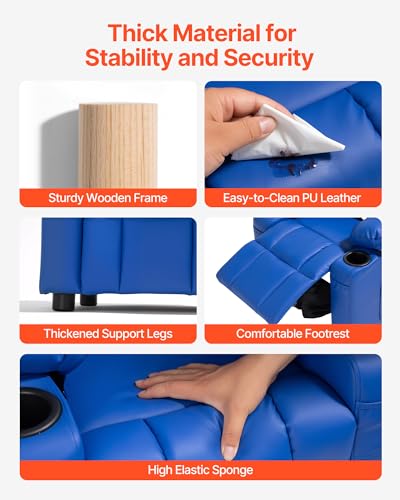 Image of VEVOR Kids Reclining Chair, Toddler Recliner with 2 Cup Holders and 4 Pockets, 107 to 126 Adjustable Back, Easy-to-Clean PU Leather Recliner Couch with Footrest, for Boys, Girls & Children (Blue)