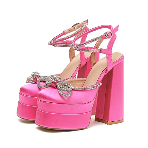 Mujer Zapatos de fiesta con tacón alto de bloques gruesos para mujer a plataforma de satén de seda con punta redonda Pumps para mujer, Rose2, 39 EU Cover