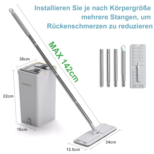 TOPESCT Wischmopp Set mit Eimer, Bodenwischer Set mit Wringer,360-Grad-Drehkopf, 142 cm...