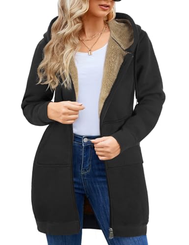 Wiepux Casual Zip Up Hoodie for Women, Long Tunic Fleece Jacket Plus Size Coat, Warm Winter Hooded Outerwear (Black,XXL)