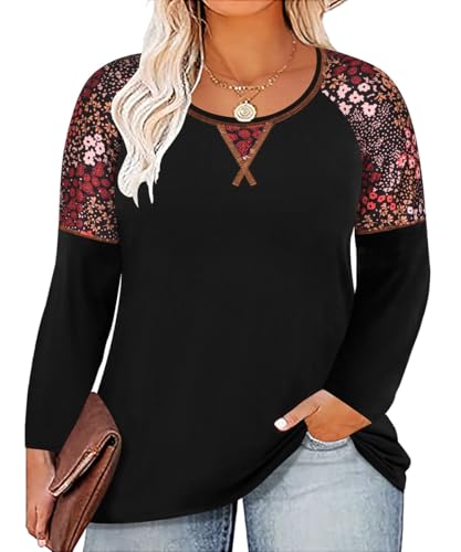 Image of CARCOS Plus Size Tops for Women Color Block Flower /Striped /Camo Crew Neck Long Sleeve Tee Shirt