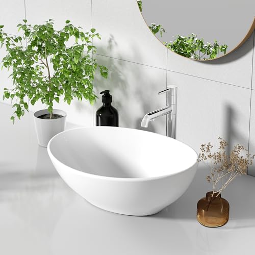 NUESTRA VIDA Lavabo Sobre Encimera de Cerámica en Blanco Brillante, Lavabo Ovalado de Baño 41 × 33 × 14cm, Lavamanos Aseo Cuarto de Baño