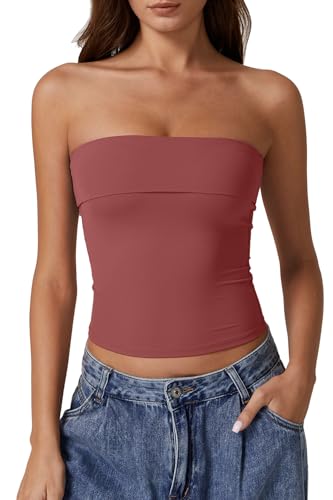 QINSEN Strapless Tube Tops for Women Foldover Double Lined Bandeau Tops Cute Tops Merlot XS