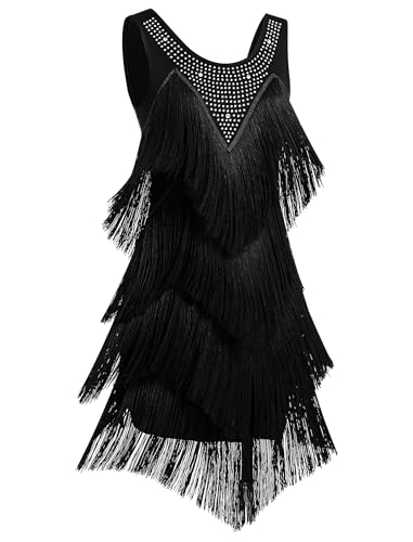 AGYMNX 20er Jahre Fransen Kleid Damen Gatsby Strass Lagen Fransenkleid Vintage 1920s Ärmellos Elegant Latein Tanzkleid Kurz Runder Ausschnitt Samba Kleid Black M