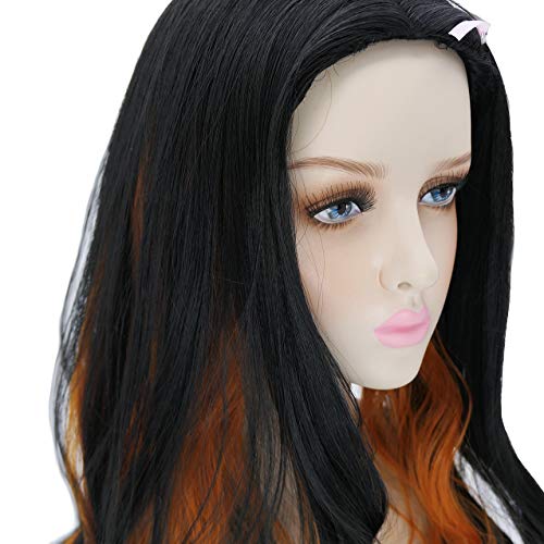 Demon Slayer Cosplay Wig.Kamado Nezuko Wig.Black Long Hair Mixed with Orange Two Color Wig
