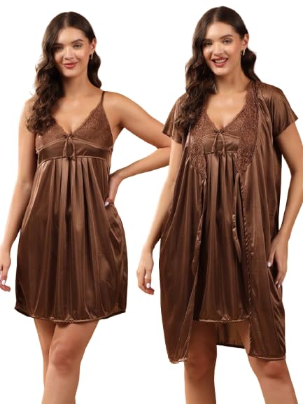 Image of Women 2 Pieces Bridal Maroon Satin lace Self Design Night Wear Lingerie Babydoll Set