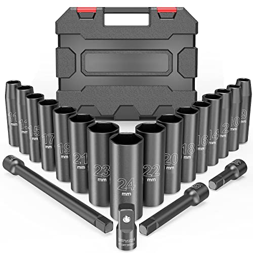 1/2 '' Impact Socket Set, 20 Piece 6 Point Impact Set, Metric Sizes (9-24mm) Socket Set with 3' 5' 10' Impact Extension Bar, 1/2' Adapter, CR-V Steel, Deep Socket Set 1/2 Drive