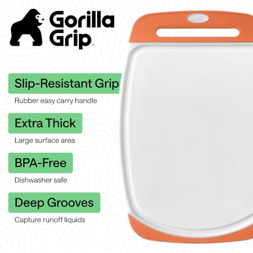 Image of GORILLA GRIP BPA-Free Reversible Kitchen Cutting Board Set of 3 US Designed, Nonporous, Juice Grooves Catch Liquid, Slip Resistant Border, Dishwasher Safe Large Food Chopping Boards, Lime Orange Lemon