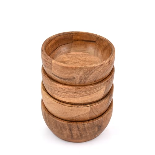 Samhita Juego de 4 cuencos de madera de Acacia de Soup Bowls para soup, pasta, aperitivos y arroz, alimentos seguros y sostenibles (5' x 5' x 2')