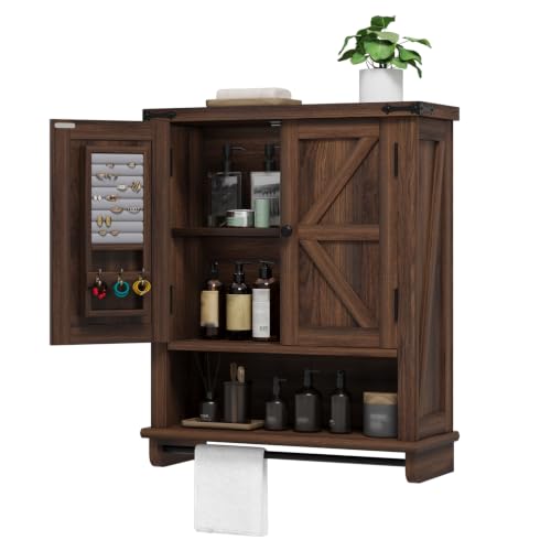 Image of QUW Farmhouse Bathroom Wall Cabinet, Modern Medicine Cabinets with Towel Bar & Jewelry Holder, Over The Toilet Storage Cabinet with Barn Door for Laundry, Living Room, Hallway, Dark Walnut