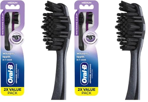 Image of Oral-B 3D White Charcoal Toothbrush, 2 Count Medium Manual tootbrush Pack, Whitens Teeth, removes Plaque and Stains, Tongue Scraper Tooth Brush (Pack of 2)