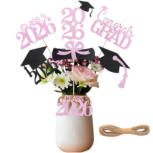 Graduation Decorations 2026 24 PCS Black and Pink Graduation Centerpieces for Tables with 32.8ft Twine Class of 2026 Double-Sided Table Toppers with Sticks for Grad Party Vases and Cake Toppers