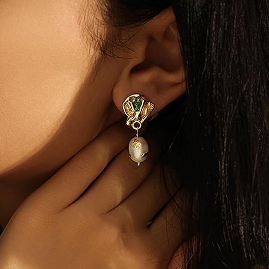 14K Gold Natural Pearl & Round Emerald Gourd Drop Earrings, Exquisite Craftsmanship Classic Gemstone Design, Ideal for Elegant Evenings Gift4