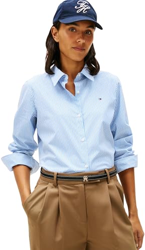 Image of Tommy Hilfiger Women's ESS POPLIN Regular Shirt WW0WW47169 L/S Shirt, Blue (Classic Ithaca STP Mesmerizing Blue), 36