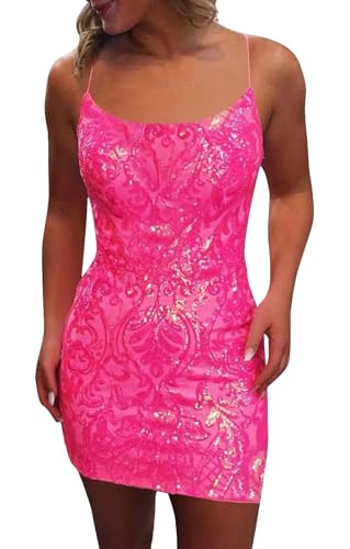 VPOAWT Sequin Hot Pink Short Homecoming Dresses for Teens Spaghetti Strap Evening Dress Formal Gown Size 0