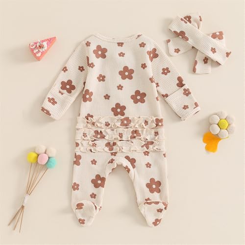 Newborn Baby Girl Clothes Fall Winter Long Sleeve Footie Romper Waffle Ruffle Zipper Jumpsuit Coming Home Outfit3